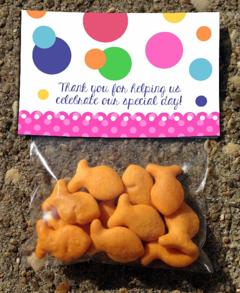 Baby Shower Pool Party Kids Birthday Neon Summer Goldfish Treat Bag Colorblock Polka Dot Theme Gift Card Favor Tag