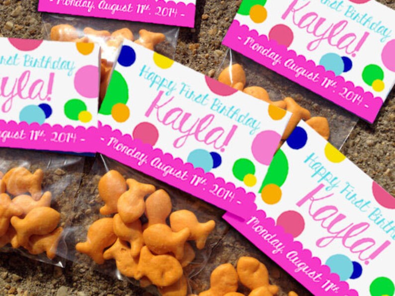 Baby Shower Pool Party Kids Birthday Neon Summer Goldfish Treat Bag Colorblock Polka Dot Theme Gift Card Favor Tag