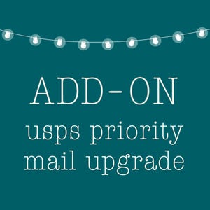 May include: A teal background with white text that reads "ADD-ON usps priority mail upgrade." A string of white lights hangs across the top. The text is in a simple, clean font.