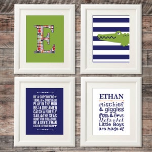 May include: Four framed prints with a green, blue, and white color scheme. The prints feature a letter E, a crocodile, a list of things little boys do, and the name Ethan with the text "mischief & giggles fun & love that's what Little Boys are made of".