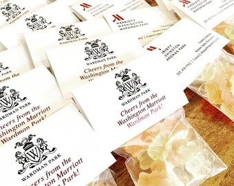 Corporate Promos | Treat Bag + Gift Tag | Champagne Inspired Gummy Bears | Party Favor Set | Trade Show, Company Logo, Real Estate, Giveaway