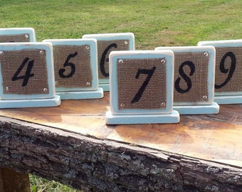 Handmade Wood & Burlap Table Numbers | Reclaimed Wood Centerpiece for Wedding, Shower, Party | ANY COLOR | Custom Rustic Vintage