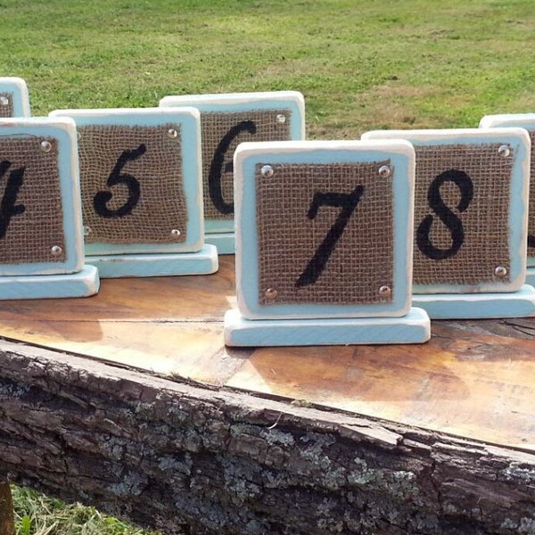 Handmade Wood & Burlap Table Numbers | Reclaimed Wood Centerpiece for Wedding, Shower, Party | ANY COLOR | Custom Rustic Vintage