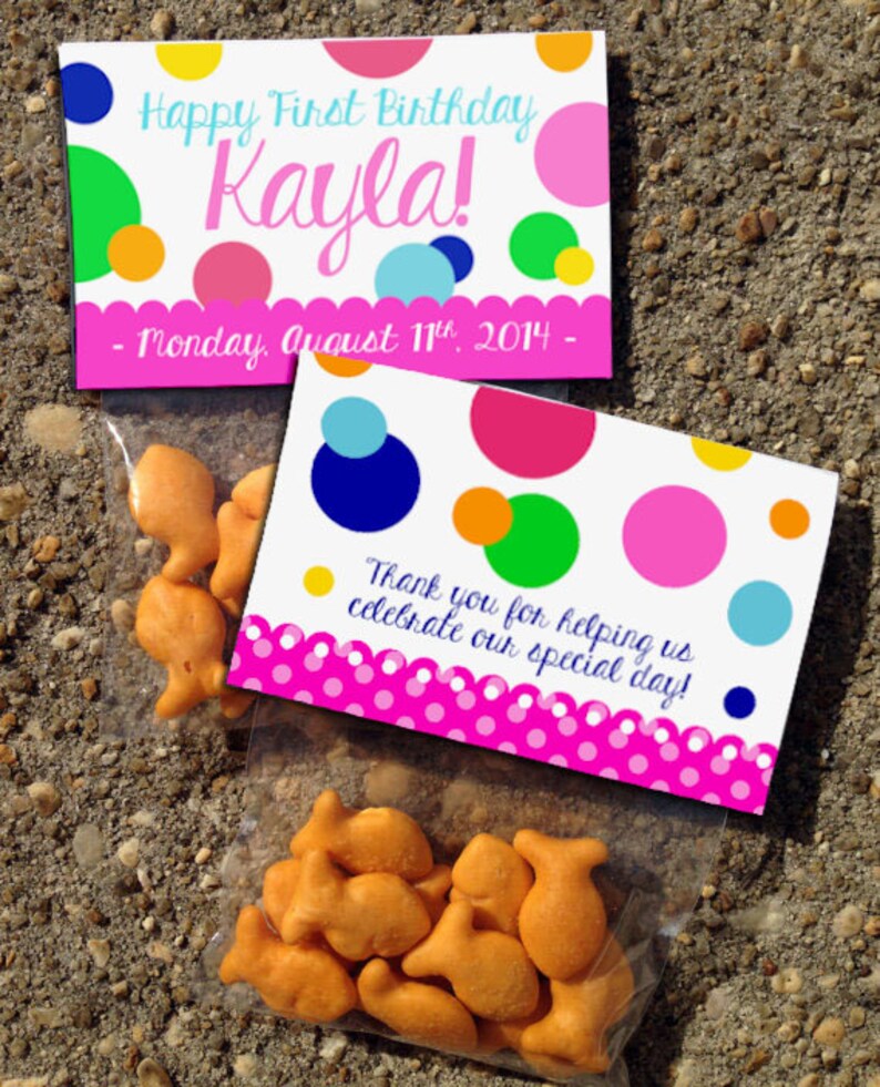Baby Shower Pool Party Kids Birthday Neon Summer Goldfish Treat Bag Colorblock Polka Dot Theme Gift Card Favor Tag