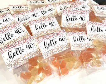 Party Favor Set | Treat Bag + Gift Tag | Champagne Inspired Gummy Bears | HELLO [AGE] | Birthday Party Theme | Milestone Year, CHEERS!