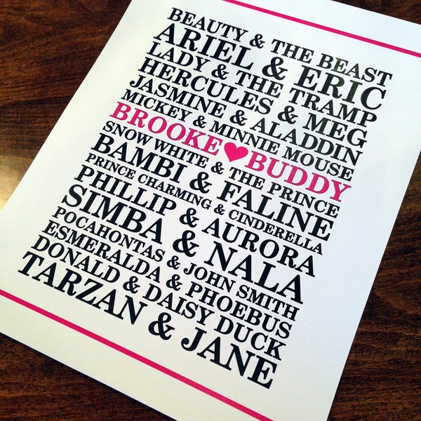 Impression personnalisée d'affiches de couples Disney célèbres | toutes les tailles | Cadeau nuptiale de douche de mariage personnalisé | Mariée, marié M. et Mme, prénoms, amour