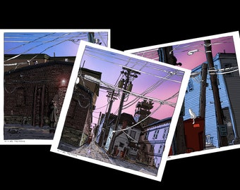 May include: Three black and white illustrations of a city street at dusk. The first image shows a brick building with a person walking away from the camera. The second image shows a street with power lines and houses. The third image shows a street with a blue house and a white bird.