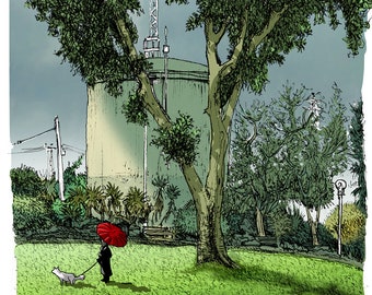 May include: A hand-drawn illustration of a person walking a dog in a park with a red umbrella. The person is walking on a grassy path in front of a large water tower. The water tower is surrounded by trees. The illustration is in black and white with some color accents.
