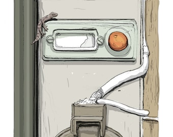 May include: A close-up of a gray electrical outlet with a white wire connected to it. The outlet is mounted on a wall with a wooden panel to the right. A small lizard is perched on the wall above the outlet.