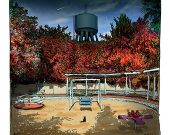 May include: A nighttime scene of a playground with a water tower in the background. The playground has a swing set, a merry-go-round, and a small black cat. The trees are a mix of green and red.