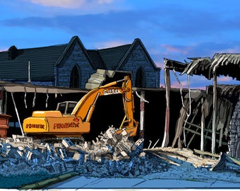 May include: A yellow excavator is demolishing a building. The building is made of brick and has a wooden roof. There is a dumpster in the foreground. The sky is blue and there are clouds in the background.