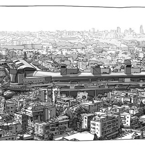 Puede incluir: Una ilustración en blanco y negro de un horizonte urbano con un gran edificio en primer plano. El edificio tiene un techo plano y una sección curva en el lateral. La ciudad está compuesta por muchos edificios de diferentes tamaños y formas.