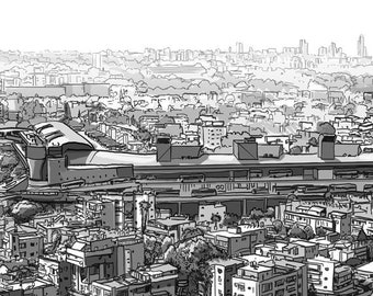 May include: A black and white illustration of a city skyline with a large building in the foreground. The building has a flat roof and a curved section on the side. The city is made up of many buildings of different sizes and shapes.