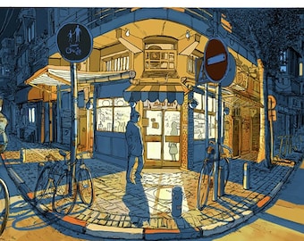 May include: A nighttime street scene with a person riding a bicycle past a small shop with a sign that reads "Little Cafe". The shop is lit up with warm yellow light, and there are other people walking and standing around. The scene is painted in a blue and yellow color palette.