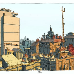 Puede incluir: Una ilustración colorida de una ciudad con edificios, tejados y un campanario de iglesia. Los edificios están pintados en tonos de marrón, amarillo y azul. Los tejados están cubiertos de tejas rojas. El campanario de la iglesia es alto y blanco con una cruz dorada en la parte superior.