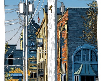 May include: A colorful illustration of a narrow alleyway in a city. The alley is lined with brick buildings, one of which has a blue awning and a sign that reads "Suzy's". A person is riding a bicycle down the alley, and there are power lines overhead.