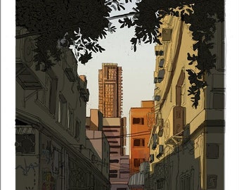 May include: A person walks down a narrow alleyway between tall buildings. The buildings are painted in shades of brown and yellow. The alleyway is paved with stone and there are shadows cast by the buildings. The person is wearing a hat and a jacket. There is a tall building in the distance.