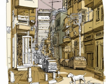 May include: A hand-drawn illustration of a narrow street in a city. The street is lined with buildings on both sides, and there are cars parked on the street. A white dog is walking down the street.