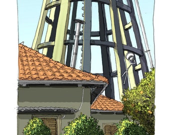 May include: A tall, gray water tower with a yellow-brown lattice structure stands against a blue sky. A red-tiled roof building with green trees in front of it is in the foreground.