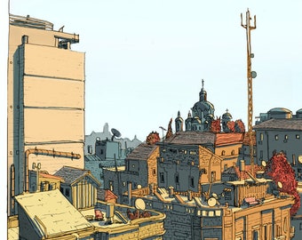May include: A colorful illustration of a cityscape with buildings, rooftops, and a church steeple. The buildings are painted in shades of brown, yellow, and blue. The rooftops are covered in red tiles. The church steeple is tall and white with a gold cross on top.