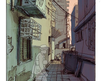 May include: A person walks down a narrow alleyway between two buildings. The alleyway is lined with trash cans and other debris. The buildings are painted in shades of blue and green. The sky is a pale orange.
