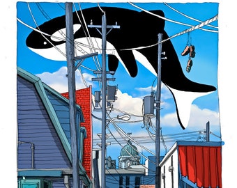 May include: A black and white orca whale flies over a narrow alleyway between two buildings. The buildings are painted in shades of blue and red. The orca is suspended by power lines with a pair of brown shoes hanging from the lines. A white cat walks on the sidewalk in the alley.