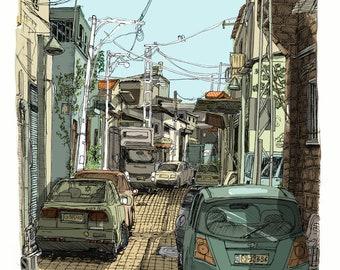May include: A narrow street in a city with buildings on both sides. The street is lined with parked cars, including a green car with a license plate that reads "53-8356". There are power lines overhead.