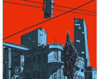 May include: A hand-drawn illustration of a city street scene with buildings, a traffic light, and cars. The sky is a bright red color, and the buildings are a light blue color. There are trees and streetlights in the scene.