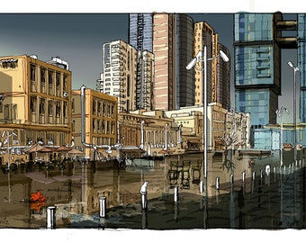 May include: A hand-drawn illustration of a city street scene with tall buildings and a flooded street. The buildings are drawn in a cartoon style with a variety of colors and textures. The street is flooded with water, and there are reflections of the buildings in the water.