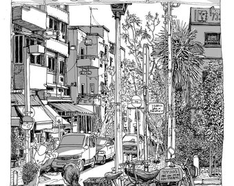 May include: A black and white illustration of a street scene in a city. The image shows a street with buildings on both sides, a bus stop, and several parked cars. There are trees and plants growing along the street. The text "S.U.S.E" is visible on a sign above the street.
