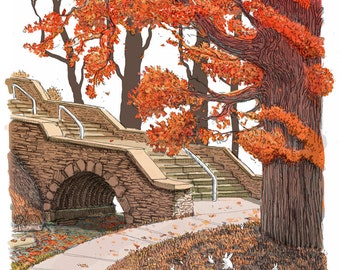 May include: A stone bridge with an archway over a stream. The bridge has steps leading up to it. There are trees with orange leaves in the background. The text "Jul 18, 2019 - Bloomington, IN" is written in the bottom left corner of the image.