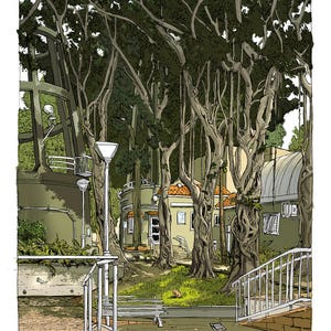 Puede incluir: Una ilustración dibujada a mano de un parque verde y frondoso con un pequeño edificio en el fondo. El edificio tiene un techo rojo y paredes blancas. Hay árboles con troncos gruesos y muchas ramas. Los árboles proyectan sombras en el suelo. Hay un camino que conduce al edificio.