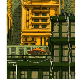 Puede incluir: Una ilustración dibujada a mano de una escena de ciudad con edificios altos. Los edificios están dibujados en un estilo de dibujos animados con un edificio amarillo en el centro y edificios verdes a cada lado. La ilustración está firmada "Avit" y fechada "19 de julio de 2018".