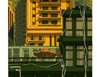 May include: A hand-drawn illustration of a city scene with tall buildings. The buildings are drawn in a cartoon style with a yellow building in the center and green buildings on either side. The illustration is signed "Avit" and dated "July 19, 2018".