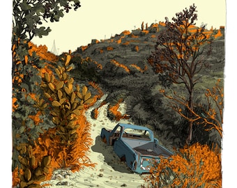 May include: A blue pickup truck is parked on a dirt road in a hilly landscape. The truck is surrounded by trees and bushes. The hills in the background are covered in houses and buildings.