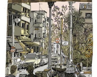 May include: A hand-drawn illustration of a street scene in a city. The illustration features a cafe with a sign that reads "S.U.Z.E." The cafe is located on a street with buildings on both sides. There are people walking on the street and cars parked on the side of the road. The illustration is done in a black and white style with some color accents.