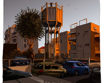 May include: A street scene with a tall, orange water tower in the center. There are several buildings in the background, and cars are parked on the street. The water tower has a sign that reads "מקורות מים"