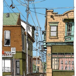 Puede incluir: Una ilustración colorida de una escena de calle con dos edificios, uno con un letrero que dice "Vintage Phoenix S & Collectibles" y el otro con un letrero que dice "One Way".