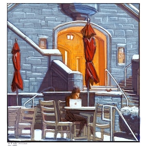 IU Union cafe in the snow,Bloomington iIndiana, illustration Poster, original Art Print, Indiana University, Graduation Gift, Hoosier