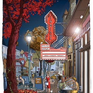 Distinctively-Bloomington, night, IU illustration Poster, Bloomington Art Print, Indiana University, Graduation Gift, Hoosier