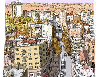 May include: A hand-drawn illustration of a city street scene with buildings, trees, and cars. The street is lined with trees and there are buildings on both sides of the street. The buildings are all different shapes and sizes and some have balconies. There are cars driving down the street and a bus is stopped at a bus stop. The sky is a light blue color and there are clouds in the sky.