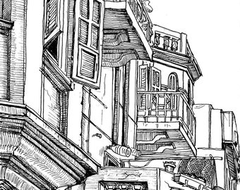 May include: Black and white line drawing of a building with multiple balconies and windows. The building has a detailed facade with intricate patterns and designs.