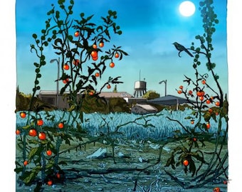 May include: A digital painting of a landscape with a blue sky, a water tower, and two bushes with orange berries. The bushes are in the foreground of the image, and the water tower is in the background.