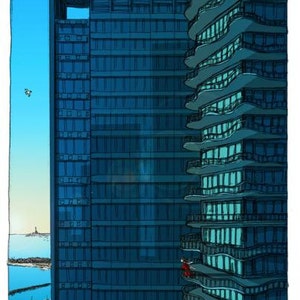 Puede incluir: Una ilustración digital de dos edificios altos, uno con una fachada recta y el otro con una fachada curva. Los edificios están dibujados en un esquema de color azul y verde. Una pequeña figura roja es visible en un balcón del edificio curvo.