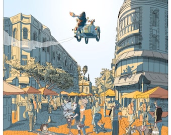 May include: A colorful illustration of a street scene with a monkey riding a motorcycle in the air. The street is lined with shops and people walking by. There are also some dogs and a person playing guitar.