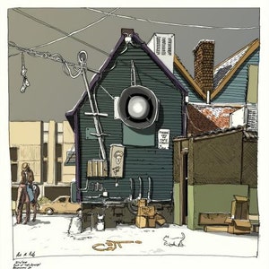 Puede incluir: Una ilustración dibujada a mano de un edificio con un letrero de cafetería que dice "Parking Only Cafe Strauss". El edificio es de color azul claro con un techo marrón. Hay una puerta marrón y una ventana con un marco blanco. El edificio está rodeado de un césped verde y una valla blanca.