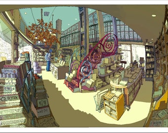 May include: A colorful illustration of a bookstore interior with bookshelves filled with books, a spiral staircase, and a chandelier. The bookshelves are filled with books in various languages, including Hebrew.