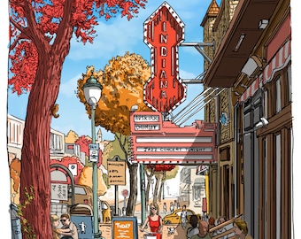 May include: A hand-drawn illustration of a street scene with a red brick sidewalk, a large red sign that says "Indiana", and a tree with red leaves. There are people walking and sitting on benches. The sign says "Jazz Concert Tonight" and "Buskirk-Chumley".
