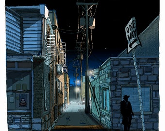 May include: A dark alleyway at night with a brick building on the right and a building with a storefront on the left. A streetlight illuminates the alleyway, and a person in a hat and coat stands near a one-way sign.