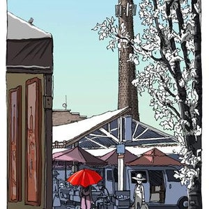 Puede incluir: Un paraguas rojo abierto en un mercado al aire libre nevado con una alta chimenea de ladrillo en el fondo. Una persona con sombrero y abrigo largo camina junto a una furgoneta blanca.